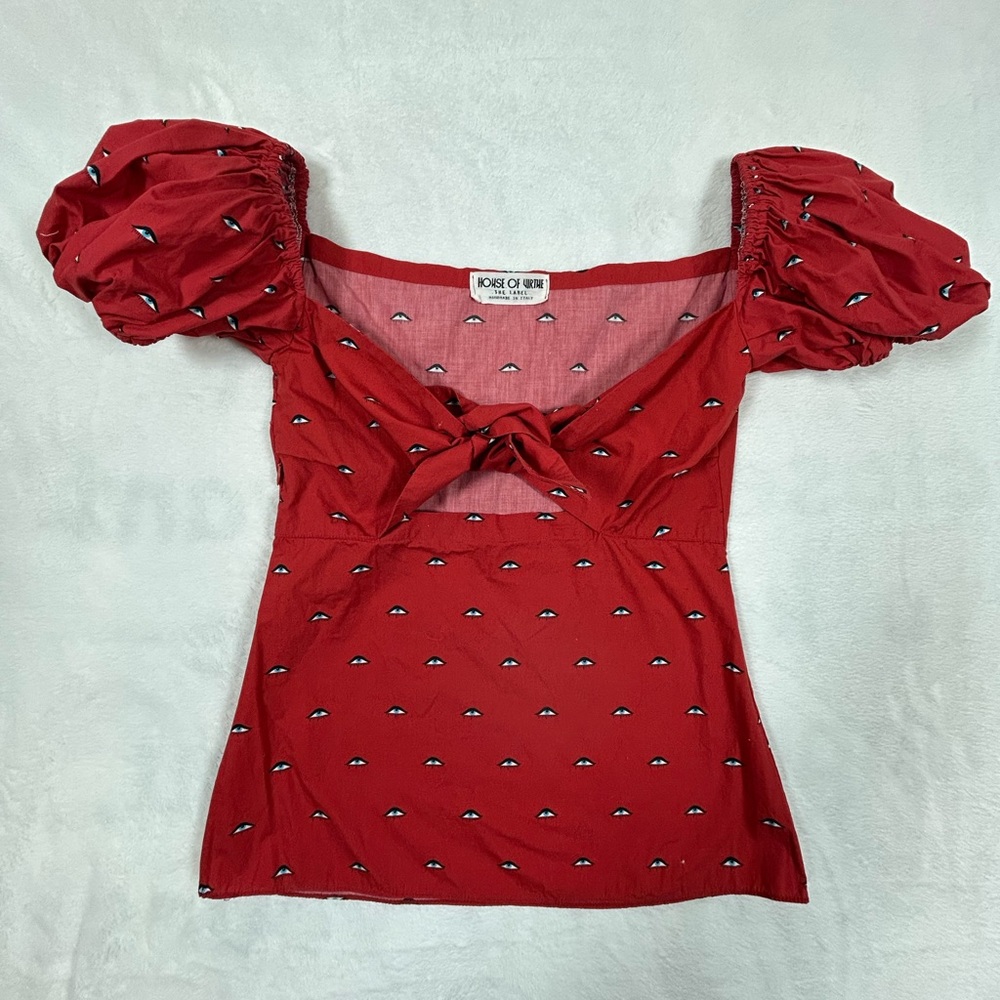 House of Virtue Red Blouse Tie Front Size Small Eye Pattern Puff Sleeves